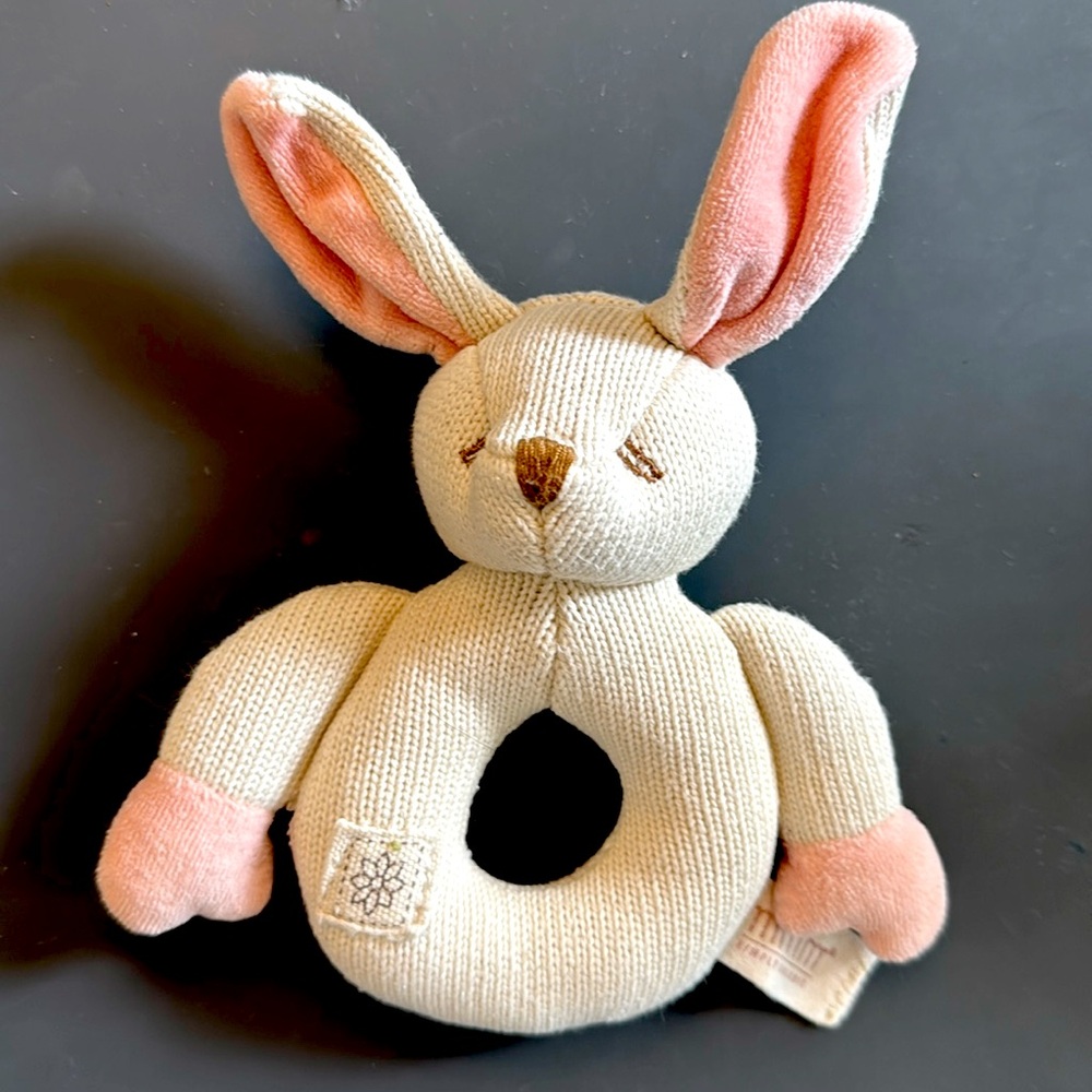 MiYim Organic Cream Pink Bunny Rabbit Lovey Plush Rattle Teething Ring Baby Toy